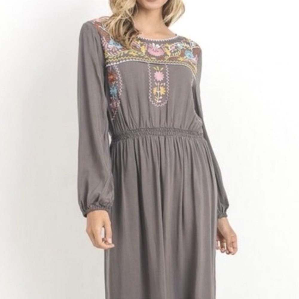 Jodifl Embroidered Long Sleeve Maxi Dress Gray Boho Peasant Cottagecore Womens M